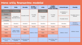 LKT forumo metu pateikta lentelė, kurioje išdėstyta, kaip 11 šalių (iš kurių 4 ne ES šalys) yra taikomi meno sričių finansavimo modeliai